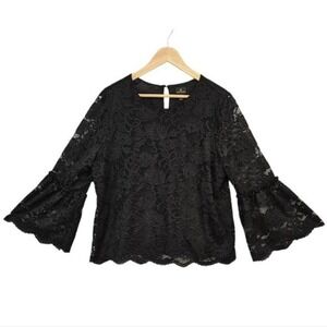 Womens‎ Black Lace Mesh Sheer Bell Sleeve Blouse Scalloped Whimsigoth Witchy XL